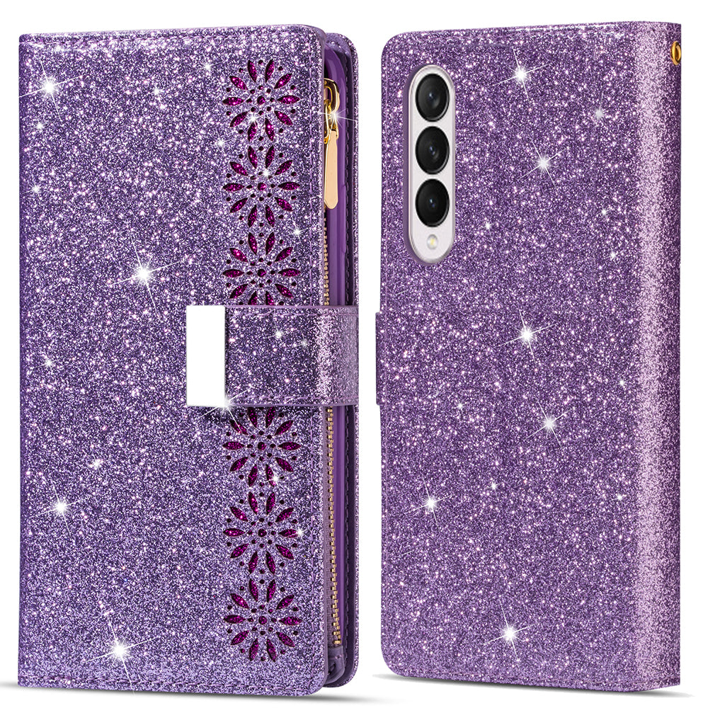 Glittery Starry Style Laser Carving Magnetic Closure Zipper Wallet Stand Protective Leather Phone Case for Samsung Galaxy Z Fold3 5G