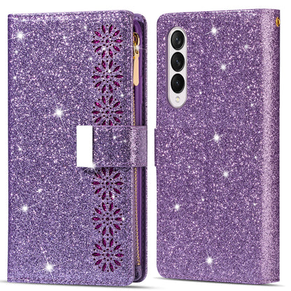 Glittery Starry Style Laser Carving Magnetic Closure Zipper Wallet Stand Protective Leather Phone Case for Samsung Galaxy Z Fold3 5G