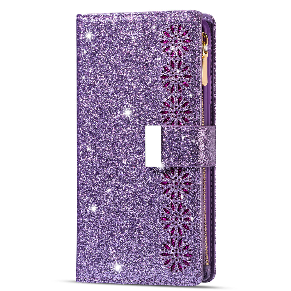 Glittery Starry Style Laser Carving Magnetic Closure Zipper Wallet Stand Protective Leather Phone Case for Samsung Galaxy Z Fold3 5G