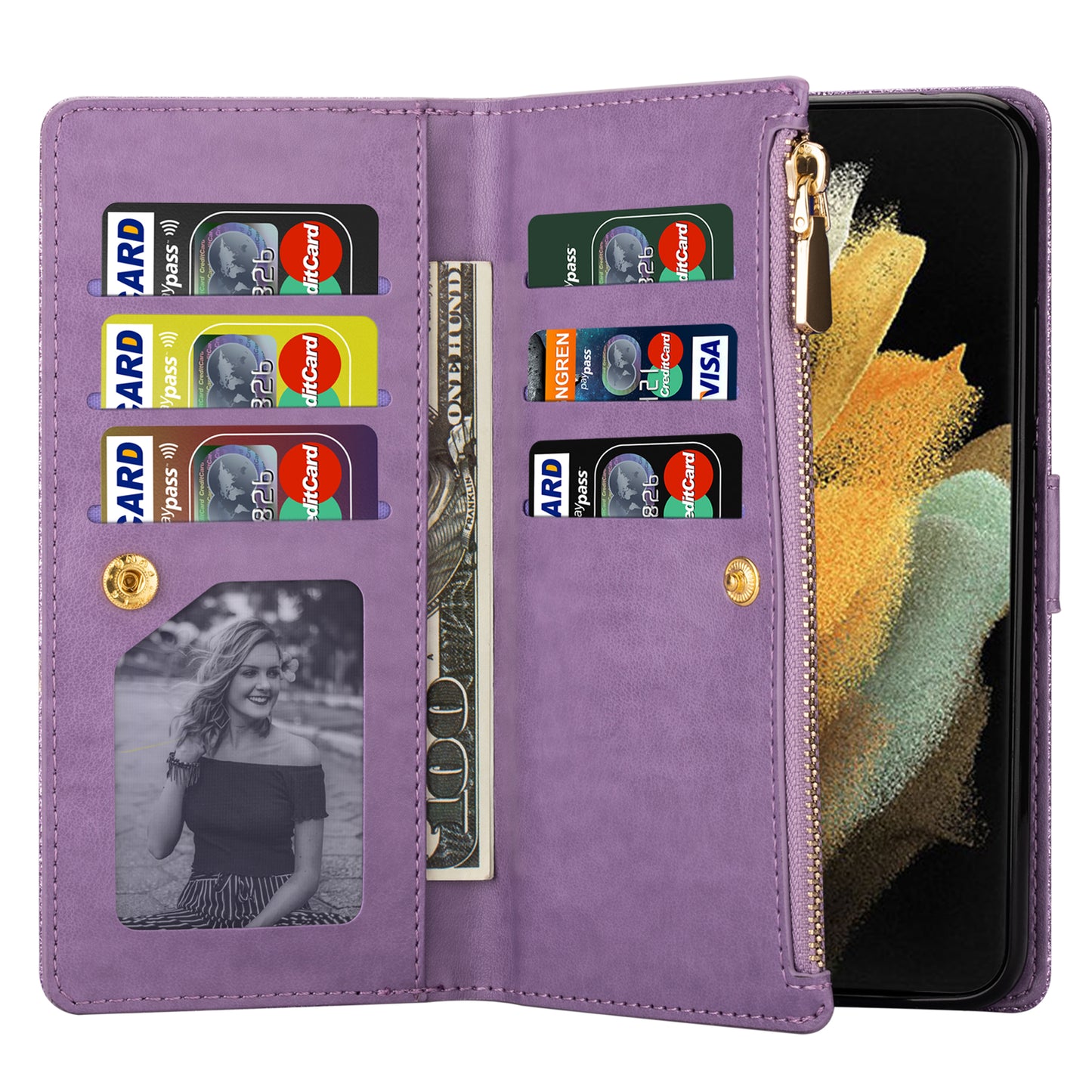 Glittery Starry Style Laser Carving Magnetic Closure Zipper Wallet Stand Protective Leather Phone Case for Samsung Galaxy Z Fold3 5G