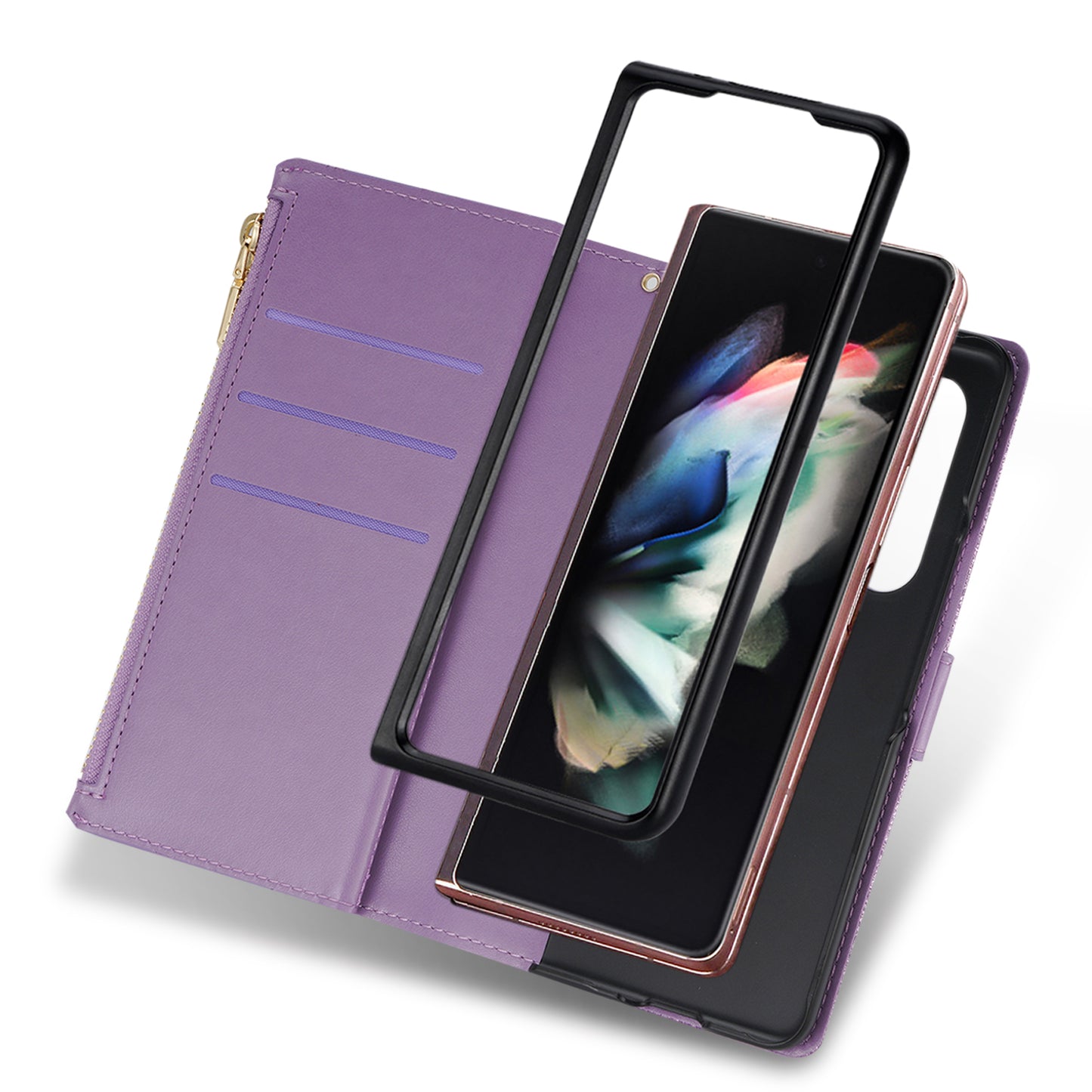 Glittery Starry Style Laser Carving Magnetic Closure Zipper Wallet Stand Protective Leather Phone Case for Samsung Galaxy Z Fold3 5G