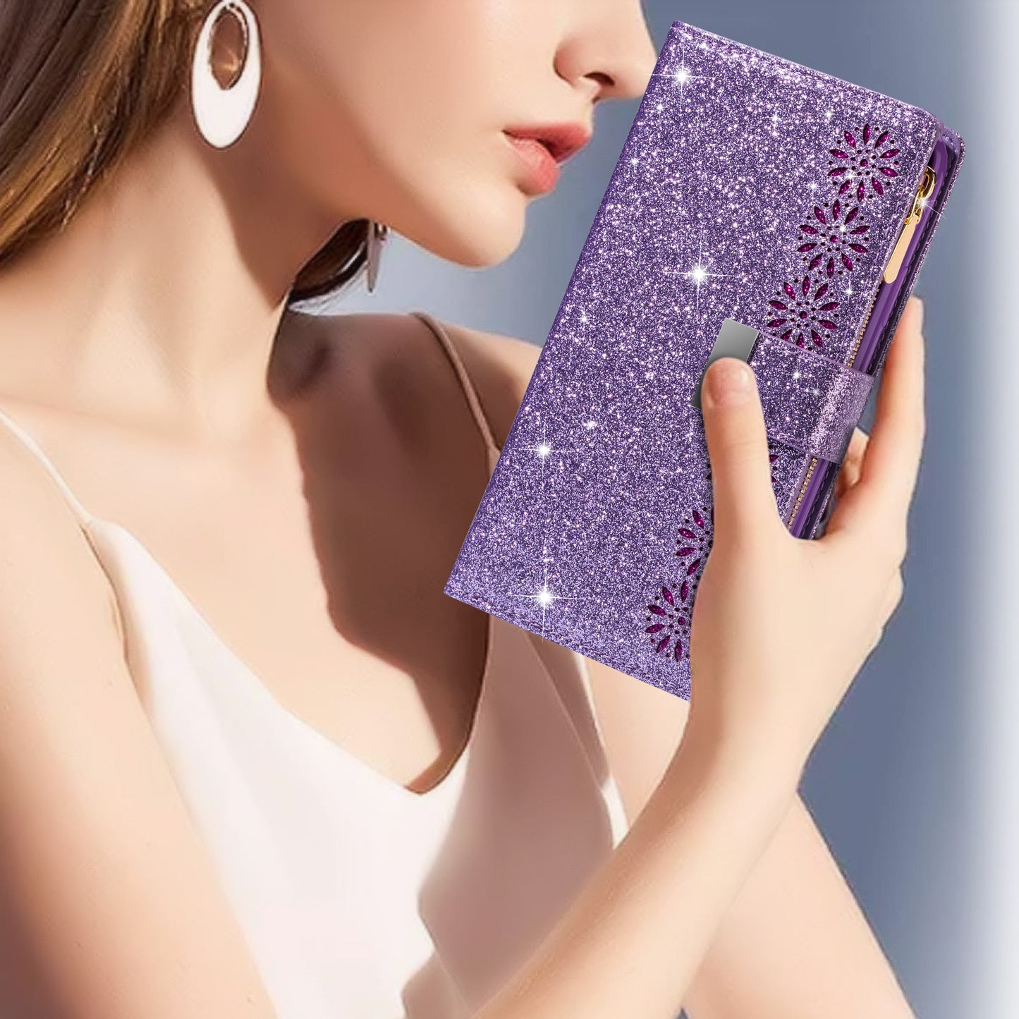 Glittery Starry Style Laser Carving Magnetic Closure Zipper Wallet Stand Protective Leather Phone Case for Samsung Galaxy Z Fold3 5G