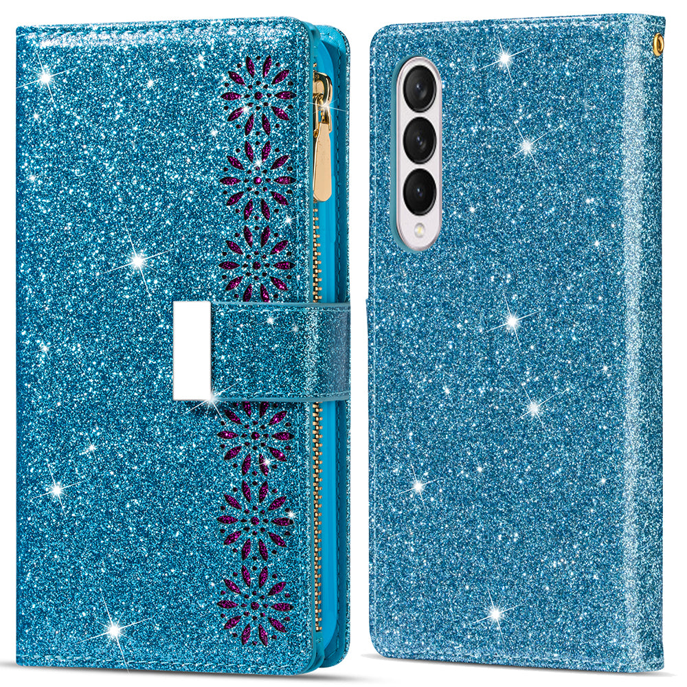 Glittery Starry Style Laser Carving Magnetic Closure Zipper Wallet Stand Protective Leather Phone Case for Samsung Galaxy Z Fold3 5G