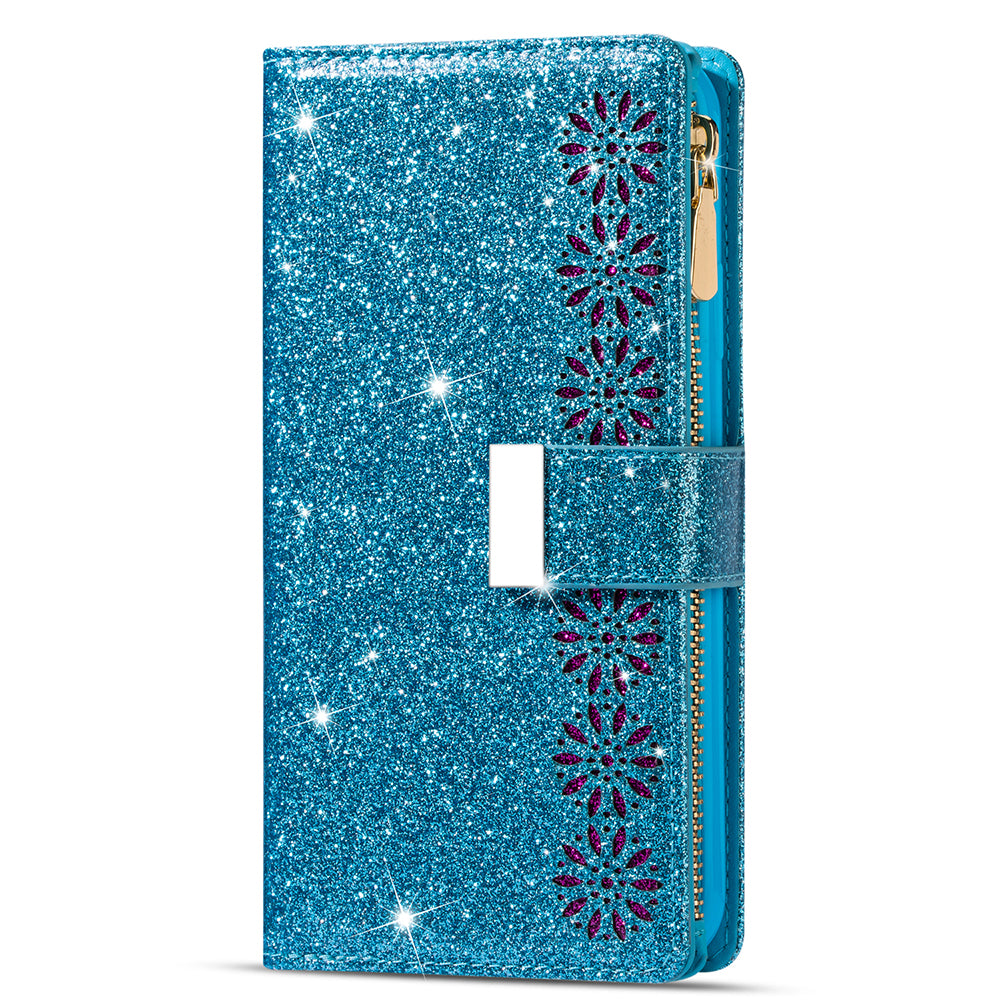 Glittery Starry Style Laser Carving Magnetic Closure Zipper Wallet Stand Protective Leather Phone Case for Samsung Galaxy Z Fold3 5G