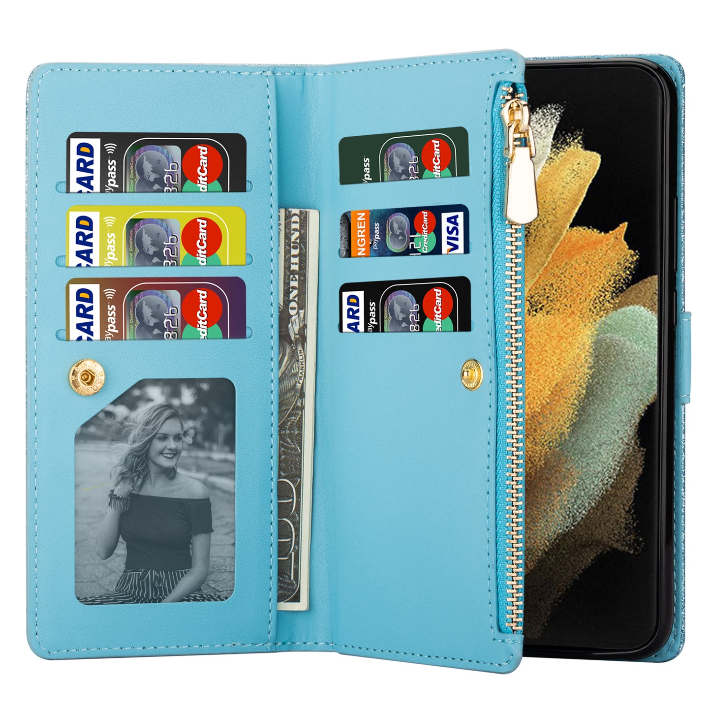 Glittery Starry Style Laser Carving Magnetic Closure Zipper Wallet Stand Protective Leather Phone Case for Samsung Galaxy Z Fold3 5G