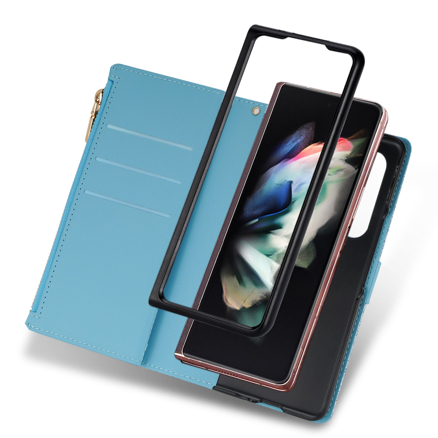 Glittery Starry Style Laser Carving Magnetic Closure Zipper Wallet Stand Protective Leather Phone Case for Samsung Galaxy Z Fold3 5G