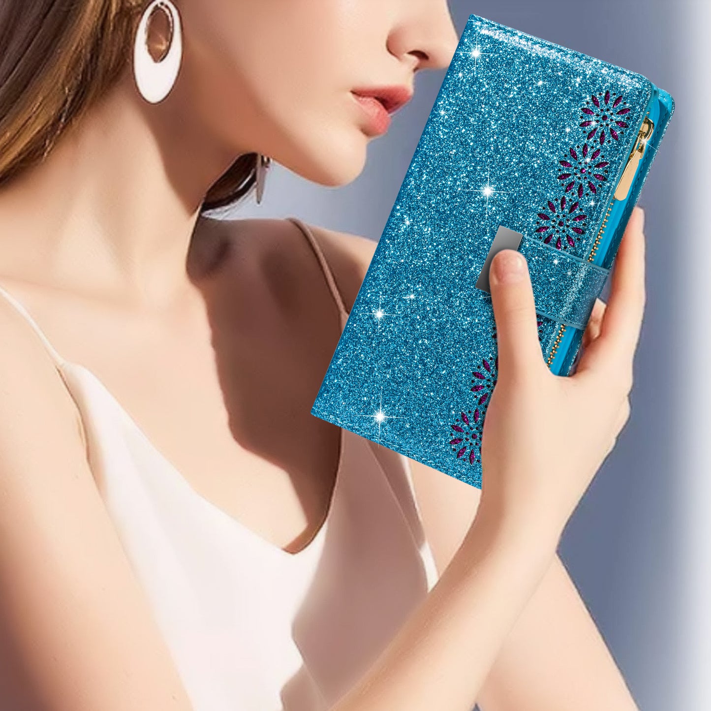 Glittery Starry Style Laser Carving Magnetic Closure Zipper Wallet Stand Protective Leather Phone Case for Samsung Galaxy Z Fold3 5G
