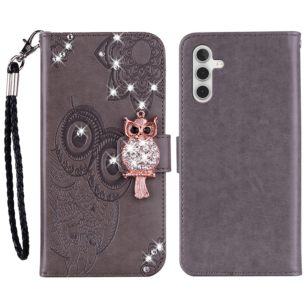 Rhinestone Decor Flip PU Leather Magnetic Clasp Case Wallet Stand Owl Flower Imprinted Shell Cover with Strap for Samsung Galaxy A13 5G / A04s 4G (164.7 x 76.7 x 9.1 mm)