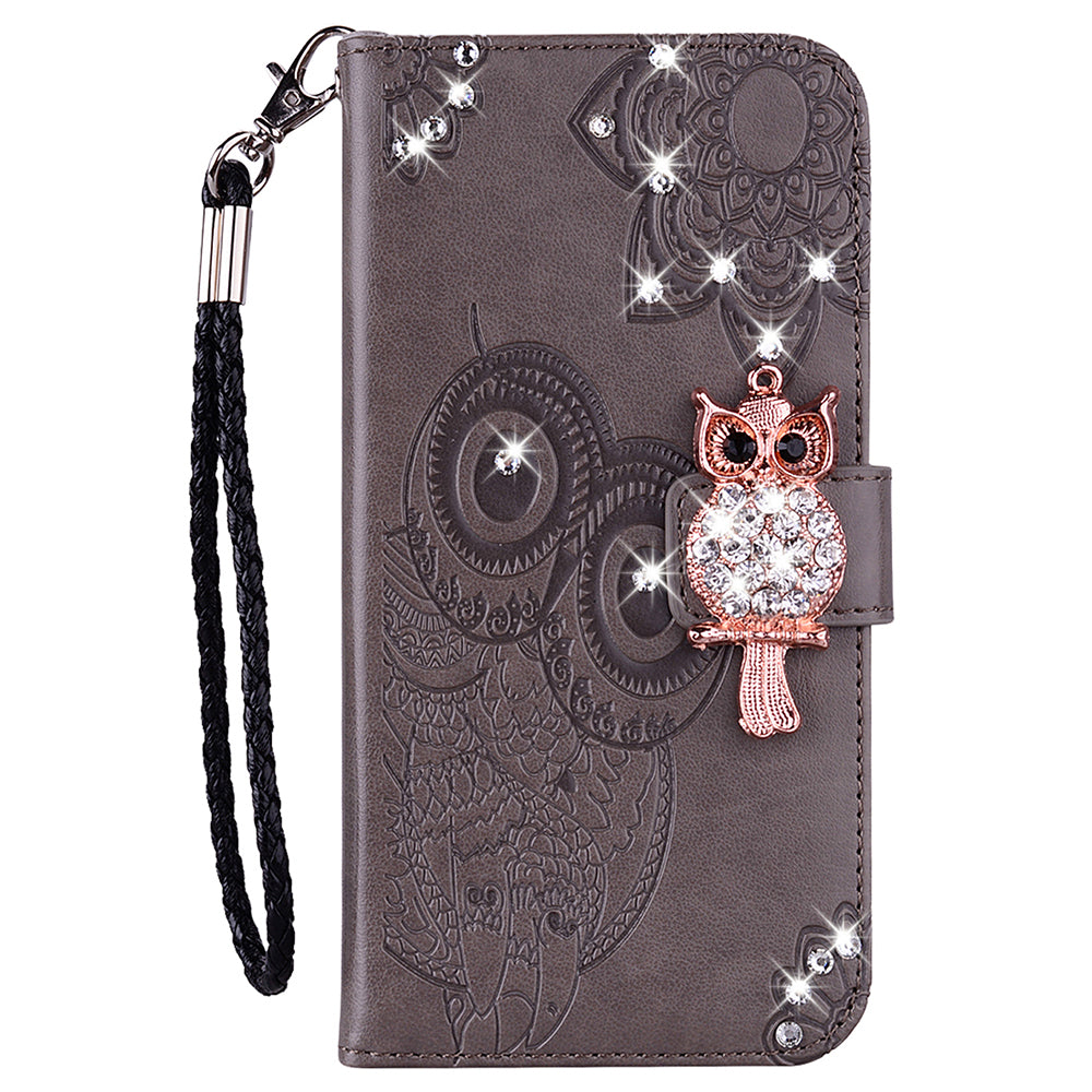 Rhinestone Decor Flip PU Leather Magnetic Clasp Case Wallet Stand Owl Flower Imprinted Shell Cover with Strap for Samsung Galaxy A13 5G / A04s 4G (164.7 x 76.7 x 9.1 mm)