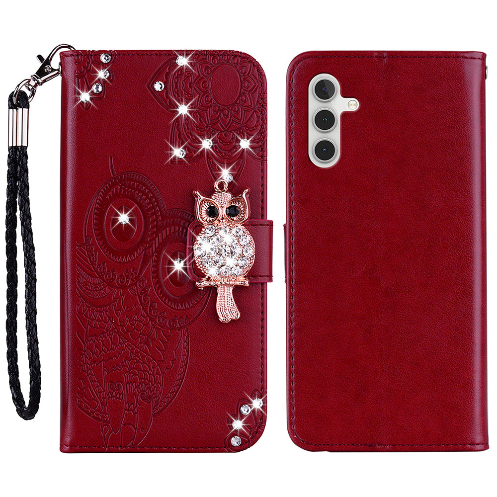 Rhinestone Decor Flip PU Leather Magnetic Clasp Case Wallet Stand Owl Flower Imprinted Shell Cover with Strap for Samsung Galaxy A13 5G / A04s 4G (164.7 x 76.7 x 9.1 mm)