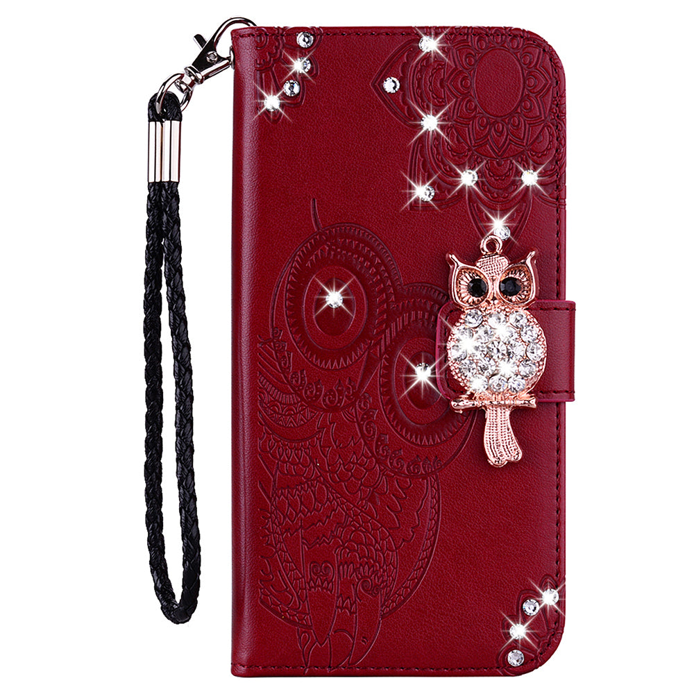 Rhinestone Decor Flip PU Leather Magnetic Clasp Case Wallet Stand Owl Flower Imprinted Shell Cover with Strap for Samsung Galaxy A13 5G / A04s 4G (164.7 x 76.7 x 9.1 mm)