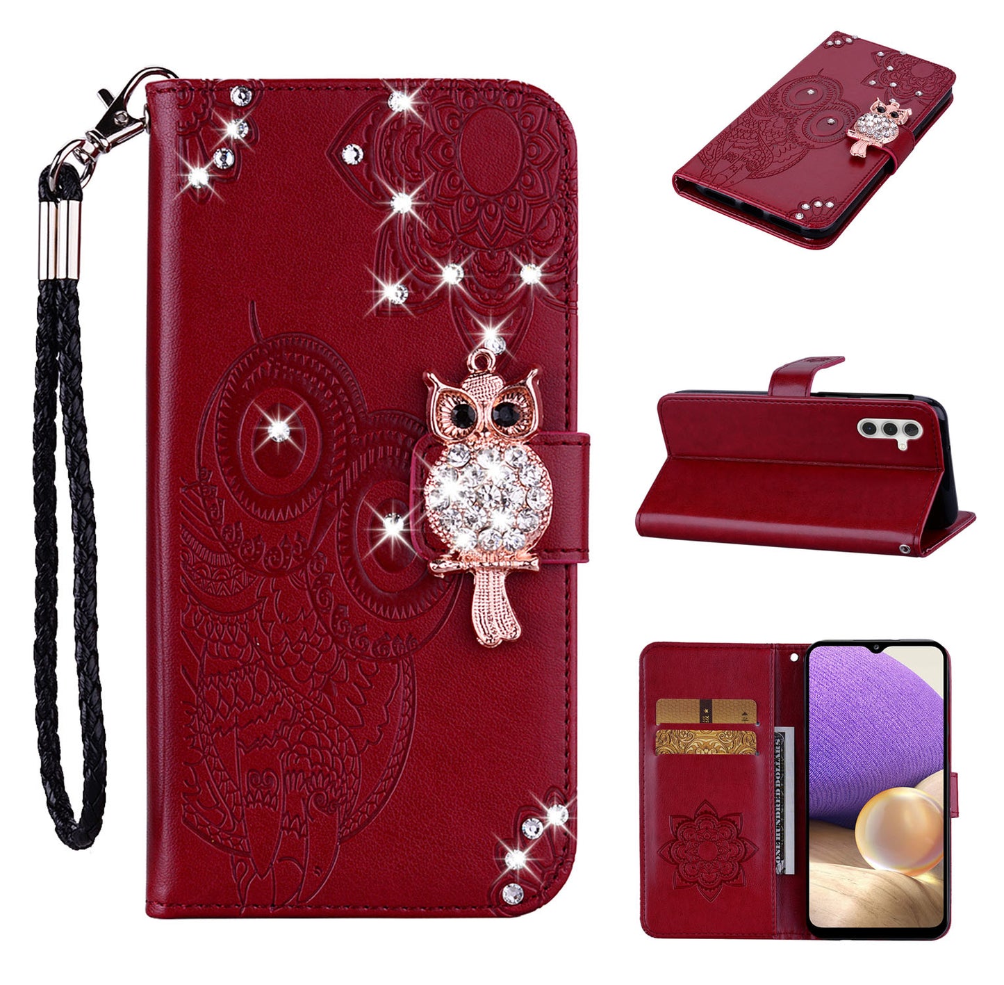 Rhinestone Decor Flip PU Leather Magnetic Clasp Case Wallet Stand Owl Flower Imprinted Shell Cover with Strap for Samsung Galaxy A13 5G / A04s 4G (164.7 x 76.7 x 9.1 mm)
