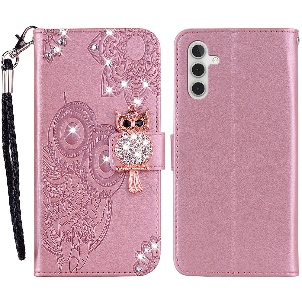 Rhinestone Decor Flip PU Leather Magnetic Clasp Case Wallet Stand Owl Flower Imprinted Shell Cover with Strap for Samsung Galaxy A13 5G / A04s 4G (164.7 x 76.7 x 9.1 mm)