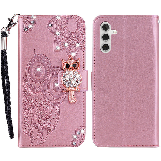 Rhinestone Decor Flip PU Leather Magnetic Clasp Case Wallet Stand Owl Flower Imprinted Shell Cover with Strap for Samsung Galaxy A13 5G / A04s 4G (164.7 x 76.7 x 9.1 mm)