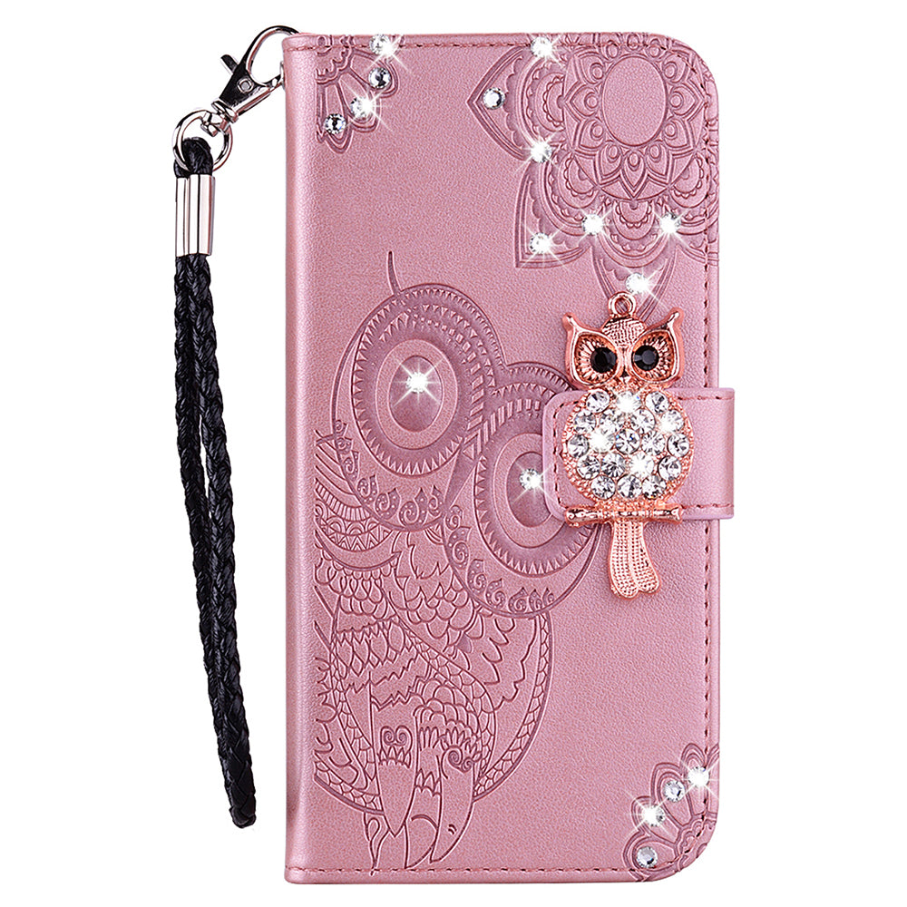 Rhinestone Decor Flip PU Leather Magnetic Clasp Case Wallet Stand Owl Flower Imprinted Shell Cover with Strap for Samsung Galaxy A13 5G / A04s 4G (164.7 x 76.7 x 9.1 mm)