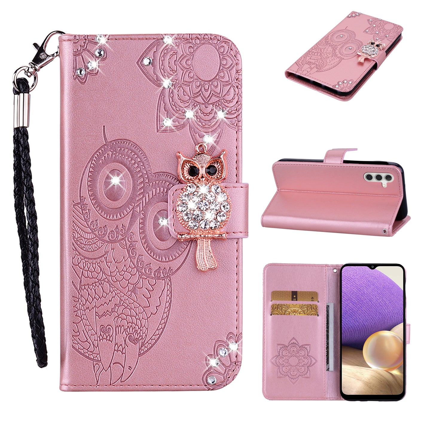 Rhinestone Decor Flip PU Leather Magnetic Clasp Case Wallet Stand Owl Flower Imprinted Shell Cover with Strap for Samsung Galaxy A13 5G / A04s 4G (164.7 x 76.7 x 9.1 mm)