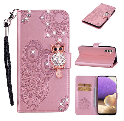 Rhinestone Decor Flip PU Leather Magnetic Clasp Case Wallet Stand Owl Flower Imprinted Shell Cover with Strap for Samsung Galaxy A13 5G / A04s 4G (164.7 x 76.7 x 9.1 mm)
