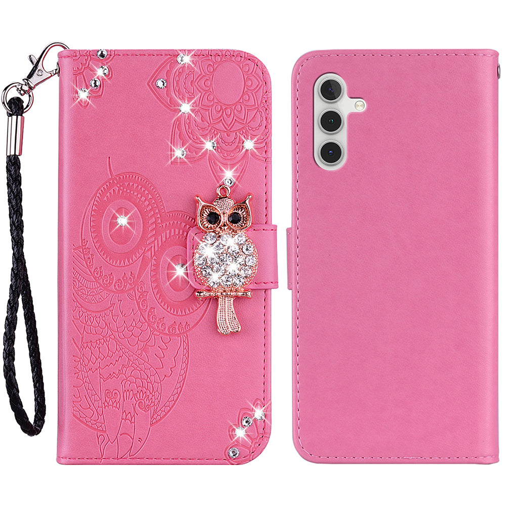 Rhinestone Decor Flip PU Leather Magnetic Clasp Case Wallet Stand Owl Flower Imprinted Shell Cover with Strap for Samsung Galaxy A13 5G / A04s 4G (164.7 x 76.7 x 9.1 mm)