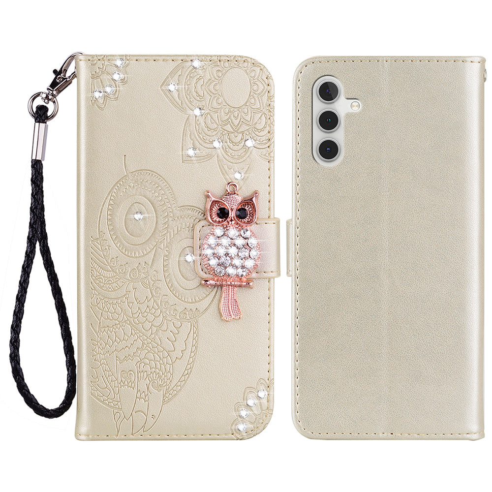 Rhinestone Decor Flip PU Leather Magnetic Clasp Case Wallet Stand Owl Flower Imprinted Shell Cover with Strap for Samsung Galaxy A13 5G / A04s 4G (164.7 x 76.7 x 9.1 mm)