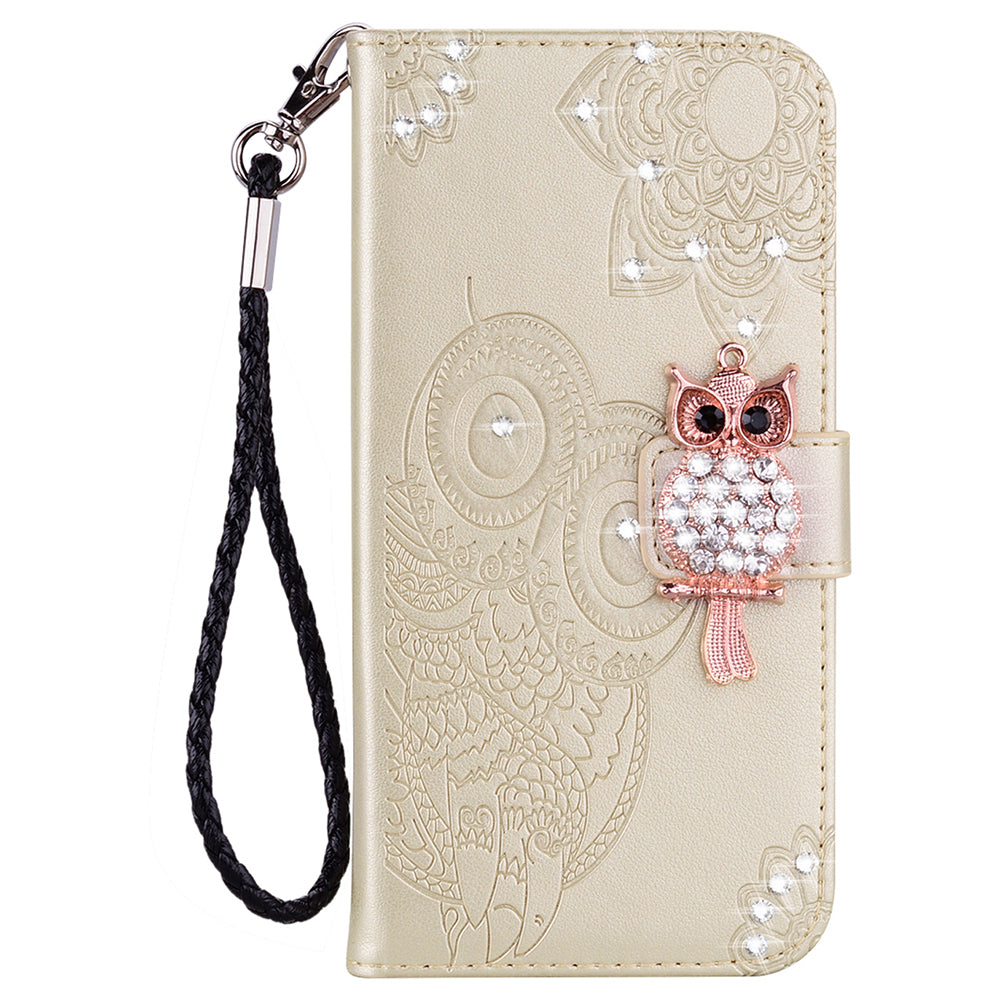 Rhinestone Decor Flip PU Leather Magnetic Clasp Case Wallet Stand Owl Flower Imprinted Shell Cover with Strap for Samsung Galaxy A13 5G / A04s 4G (164.7 x 76.7 x 9.1 mm)
