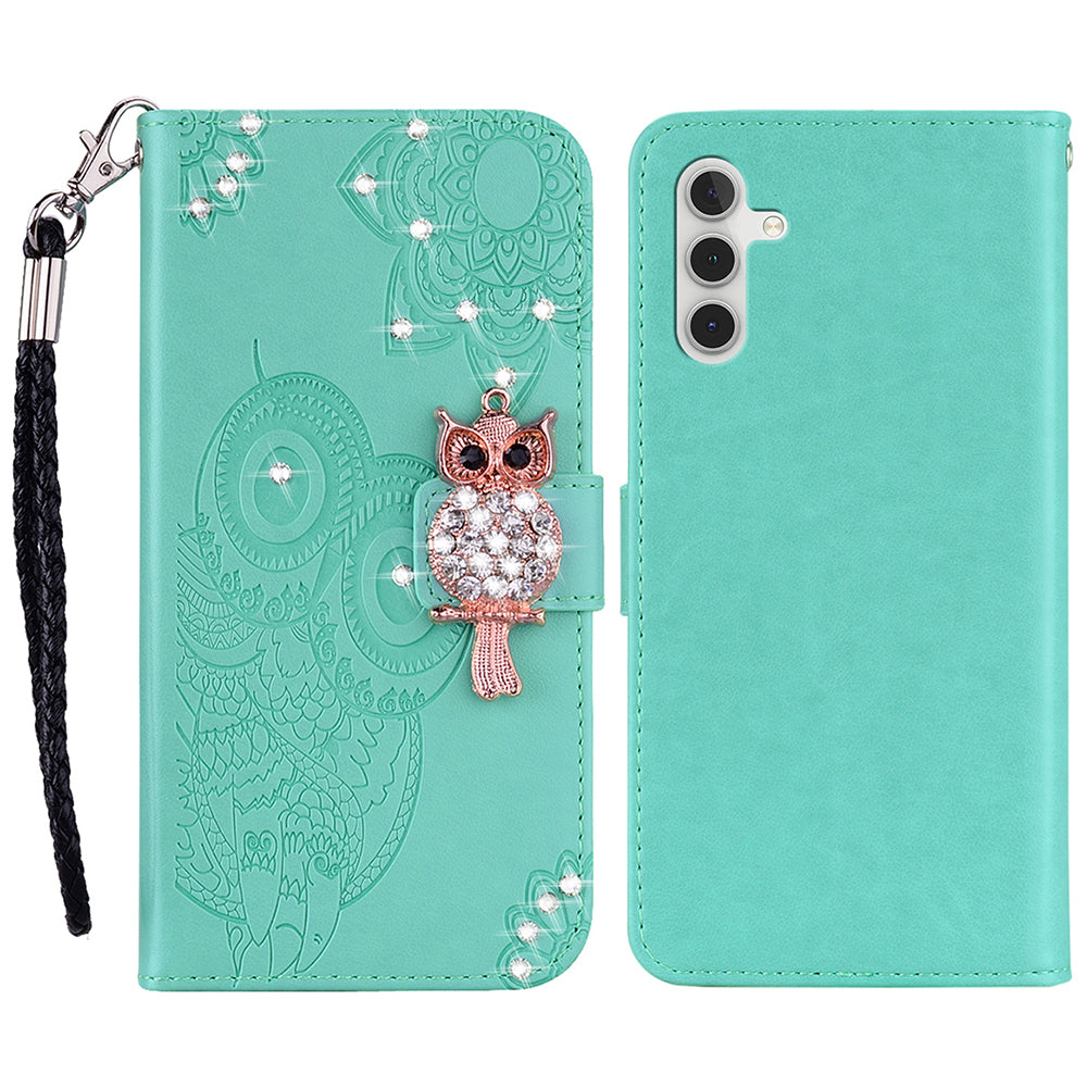 Rhinestone Decor Flip PU Leather Magnetic Clasp Case Wallet Stand Owl Flower Imprinted Shell Cover with Strap for Samsung Galaxy A13 5G / A04s 4G (164.7 x 76.7 x 9.1 mm)