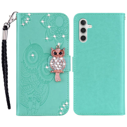 Rhinestone Decor Flip PU Leather Magnetic Clasp Case Wallet Stand Owl Flower Imprinted Shell Cover with Strap for Samsung Galaxy A13 5G / A04s 4G (164.7 x 76.7 x 9.1 mm)
