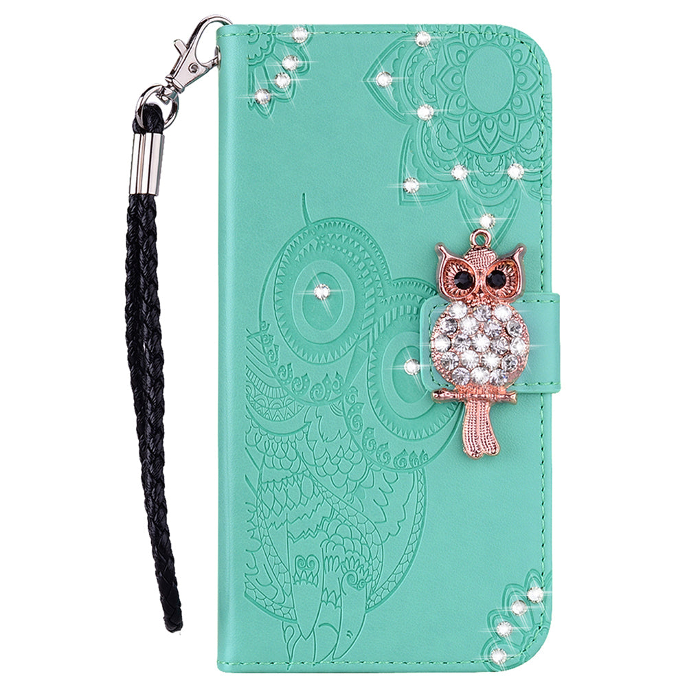 Rhinestone Decor Flip PU Leather Magnetic Clasp Case Wallet Stand Owl Flower Imprinted Shell Cover with Strap for Samsung Galaxy A13 5G / A04s 4G (164.7 x 76.7 x 9.1 mm)