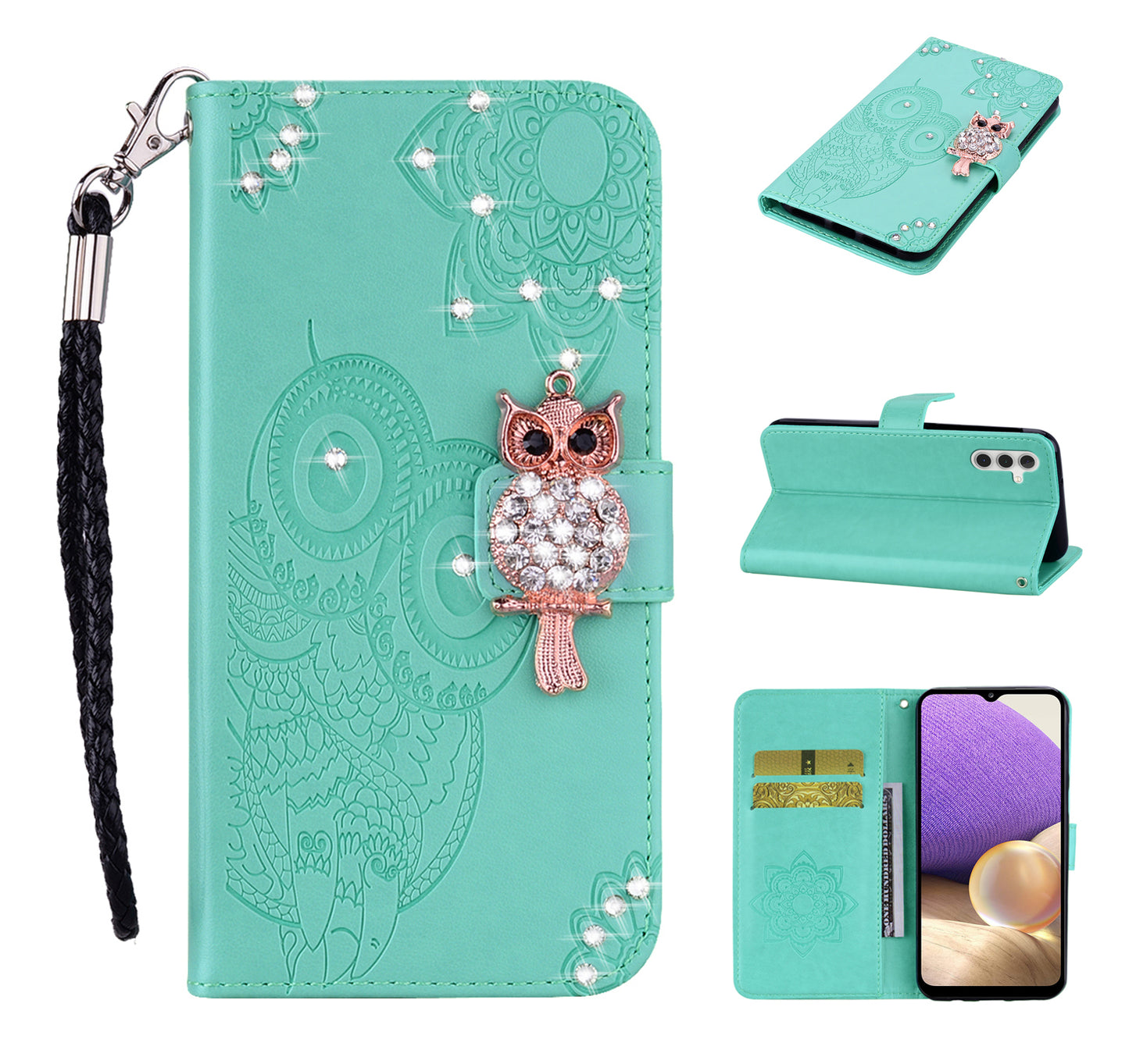 Rhinestone Decor Flip PU Leather Magnetic Clasp Case Wallet Stand Owl Flower Imprinted Shell Cover with Strap for Samsung Galaxy A13 5G / A04s 4G (164.7 x 76.7 x 9.1 mm)