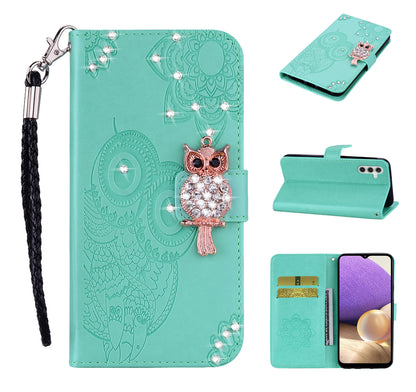 Rhinestone Decor Flip PU Leather Magnetic Clasp Case Wallet Stand Owl Flower Imprinted Shell Cover with Strap for Samsung Galaxy A13 5G / A04s 4G (164.7 x 76.7 x 9.1 mm)