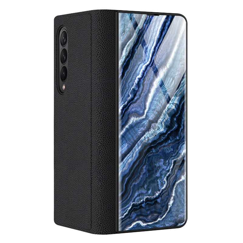PU Leather + PC Phone Case Marble Pattern Tempered Glass Phone Protective Case for Samsung Galaxy Z Fold3 5G