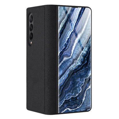 PU Leather + PC Phone Case Marble Pattern Tempered Glass Phone Protective Case for Samsung Galaxy Z Fold3 5G