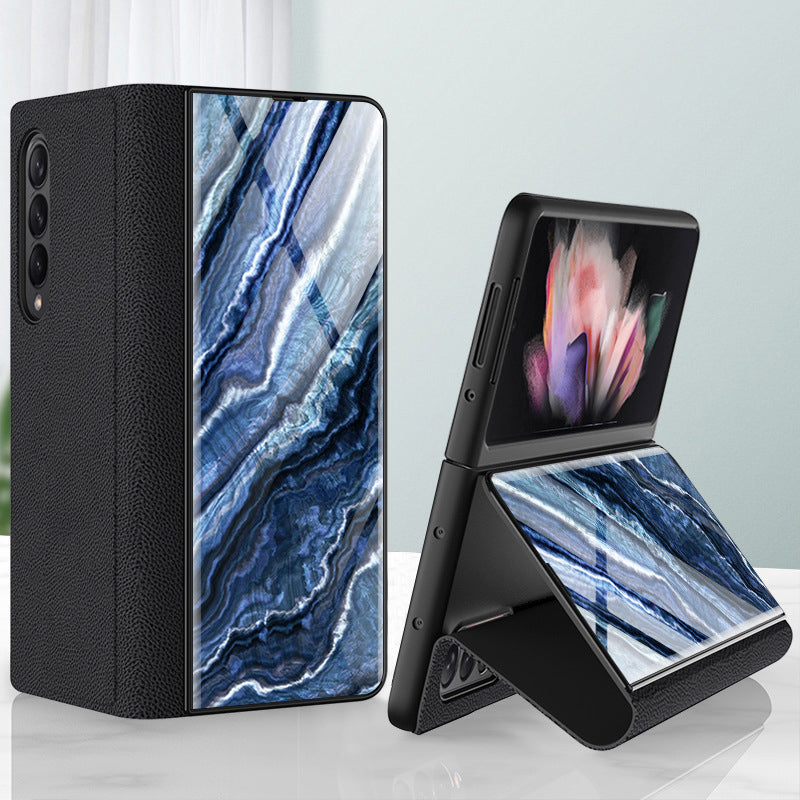 PU Leather + PC Phone Case Marble Pattern Tempered Glass Phone Protective Case for Samsung Galaxy Z Fold3 5G