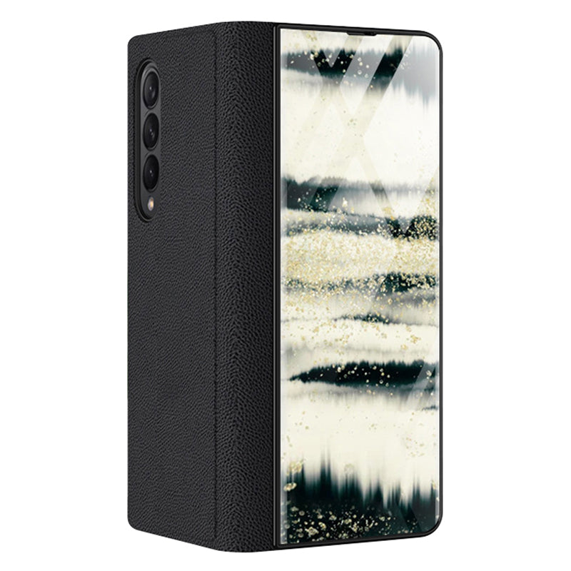 PU Leather + PC Phone Case Marble Pattern Tempered Glass Phone Protective Case for Samsung Galaxy Z Fold3 5G
