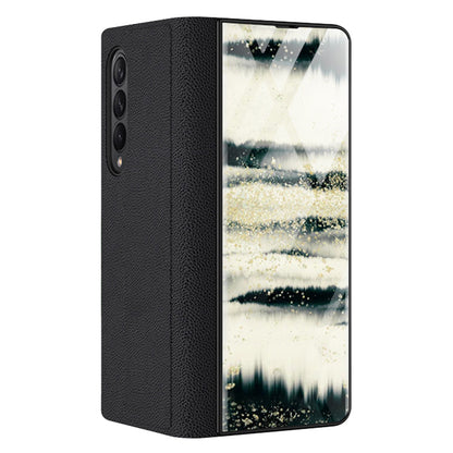 PU Leather + PC Phone Case Marble Pattern Tempered Glass Phone Protective Case for Samsung Galaxy Z Fold3 5G