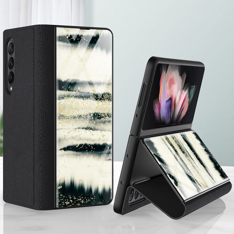 PU Leather + PC Phone Case Marble Pattern Tempered Glass Phone Protective Case for Samsung Galaxy Z Fold3 5G