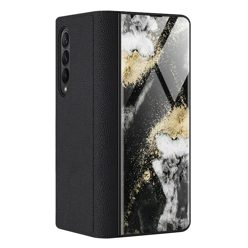 PU Leather + PC Phone Case Marble Pattern Tempered Glass Phone Protective Case for Samsung Galaxy Z Fold3 5G