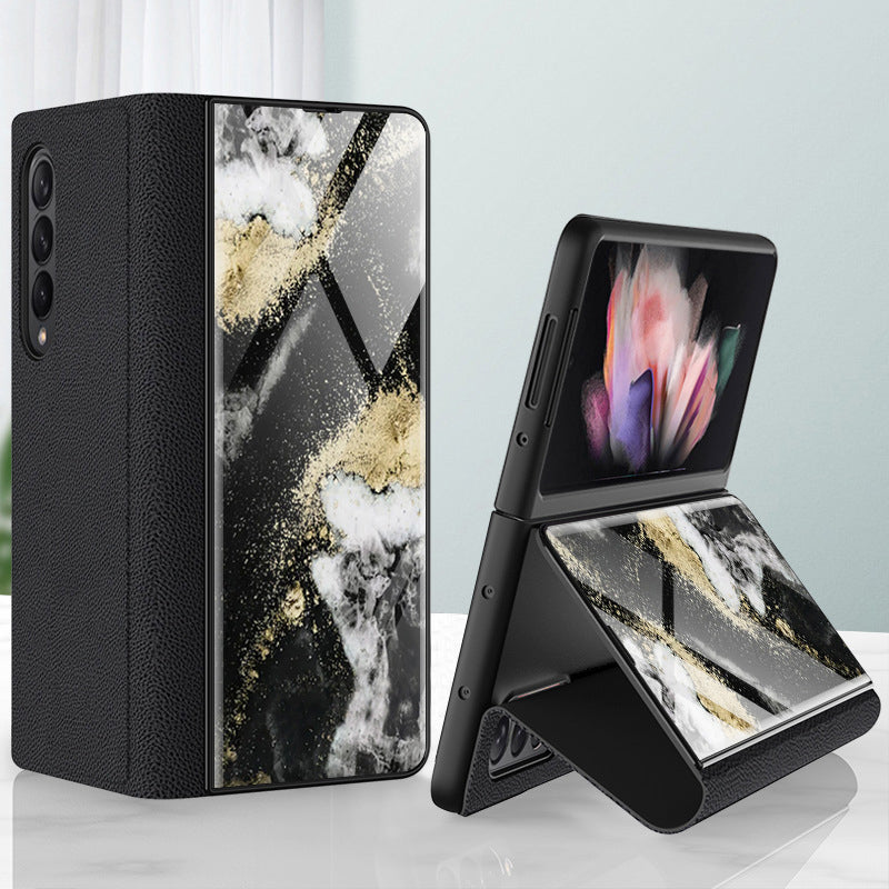 PU Leather + PC Phone Case Marble Pattern Tempered Glass Phone Protective Case for Samsung Galaxy Z Fold3 5G