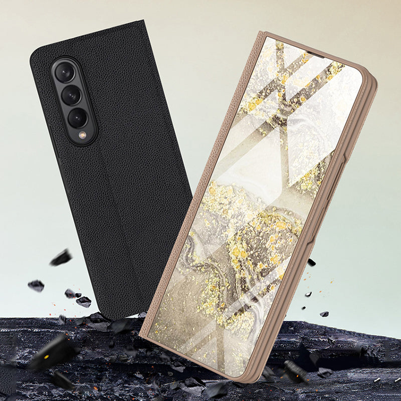 PU Leather + PC Phone Case Marble Pattern Tempered Glass Phone Protective Case for Samsung Galaxy Z Fold3 5G