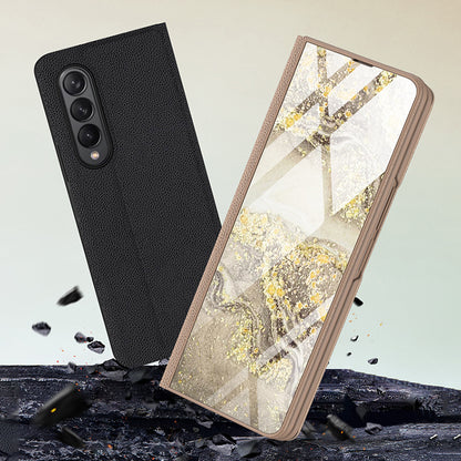 PU Leather + PC Phone Case Marble Pattern Tempered Glass Phone Protective Case for Samsung Galaxy Z Fold3 5G