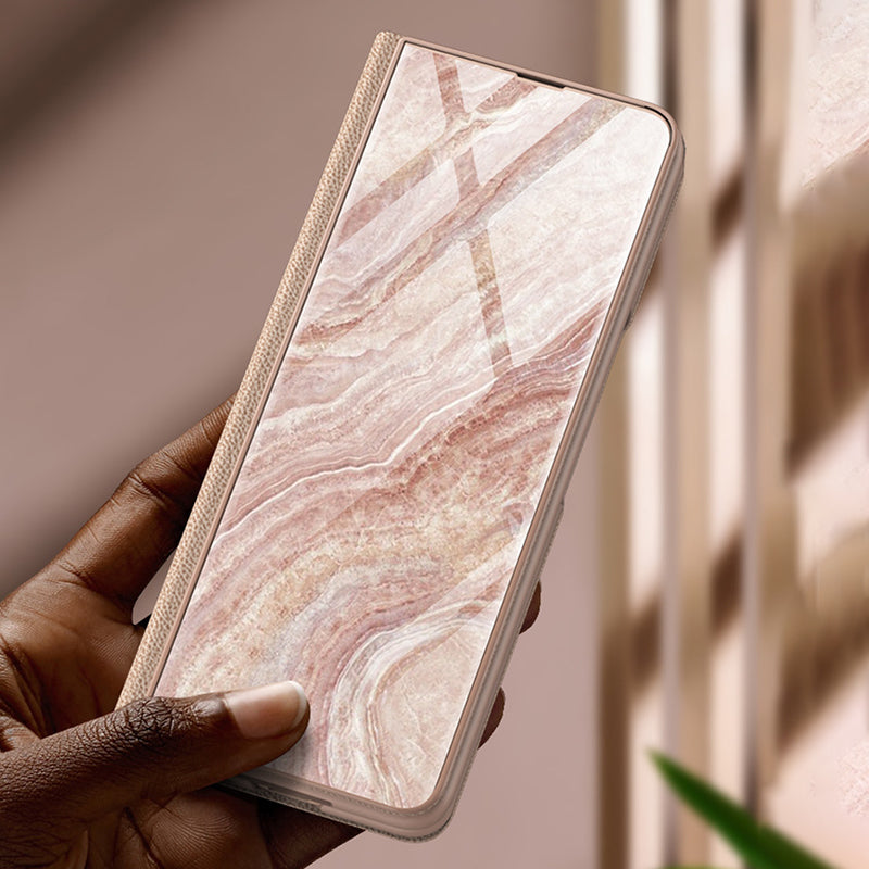 PU Leather + PC Phone Case Marble Pattern Tempered Glass Phone Protective Case for Samsung Galaxy Z Fold3 5G