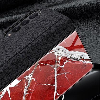 PU Leather + PC Phone Case Marble Pattern Tempered Glass Phone Protective Case for Samsung Galaxy Z Fold3 5G