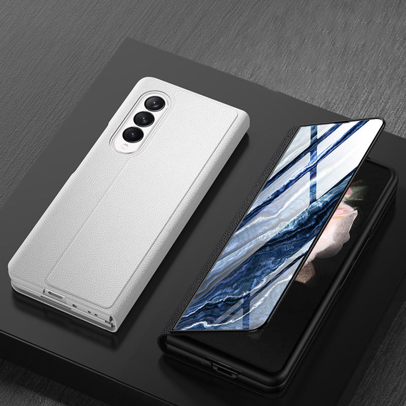 PU Leather + PC Phone Case Marble Pattern Tempered Glass Phone Protective Case for Samsung Galaxy Z Fold3 5G