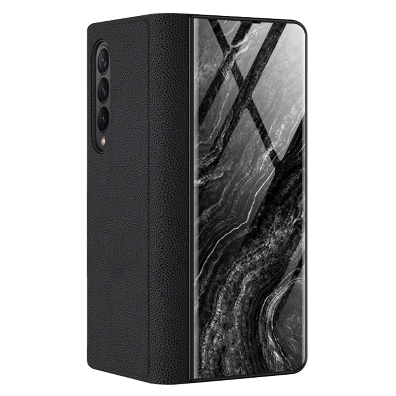 PU Leather + PC Phone Case Marble Pattern Tempered Glass Phone Protective Case for Samsung Galaxy Z Fold3 5G