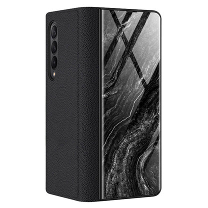 PU Leather + PC Phone Case Marble Pattern Tempered Glass Phone Protective Case for Samsung Galaxy Z Fold3 5G