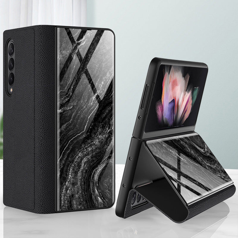PU Leather + PC Phone Case Marble Pattern Tempered Glass Phone Protective Case for Samsung Galaxy Z Fold3 5G