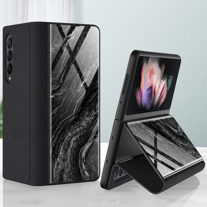 PU Leather + PC Phone Case Marble Pattern Tempered Glass Phone Protective Case for Samsung Galaxy Z Fold3 5G