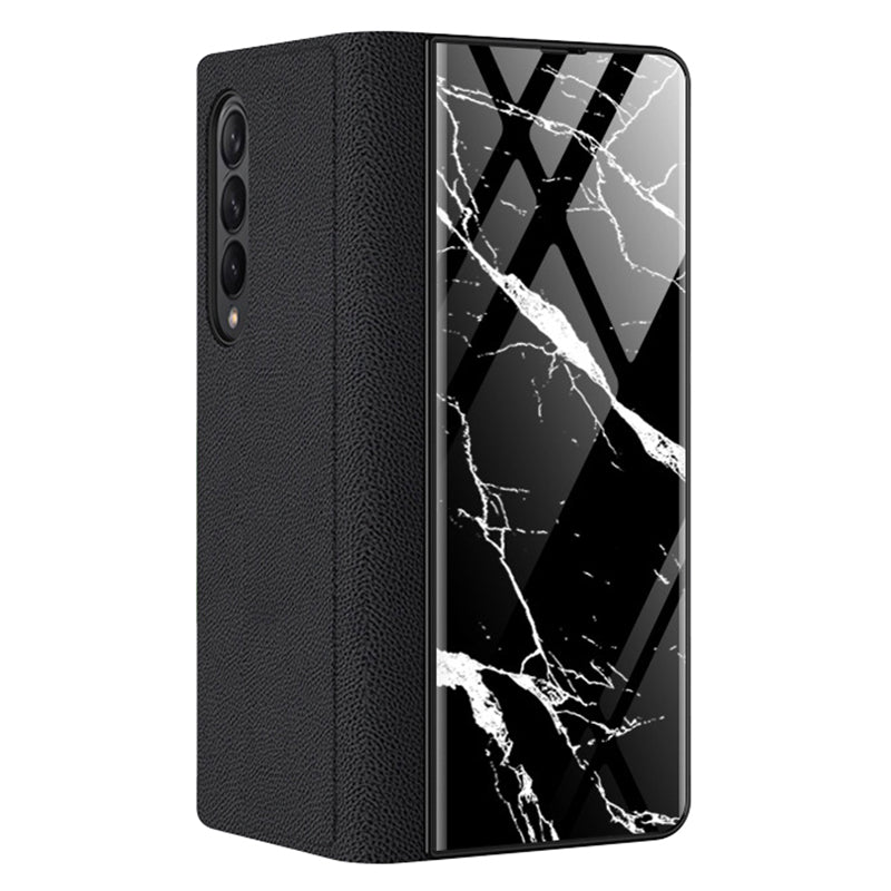 PU Leather + PC Phone Case Marble Pattern Tempered Glass Phone Protective Case for Samsung Galaxy Z Fold3 5G