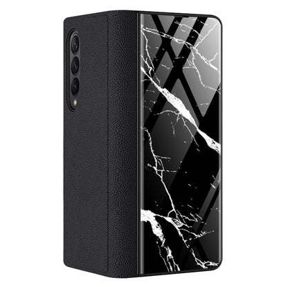 PU Leather + PC Phone Case Marble Pattern Tempered Glass Phone Protective Case for Samsung Galaxy Z Fold3 5G