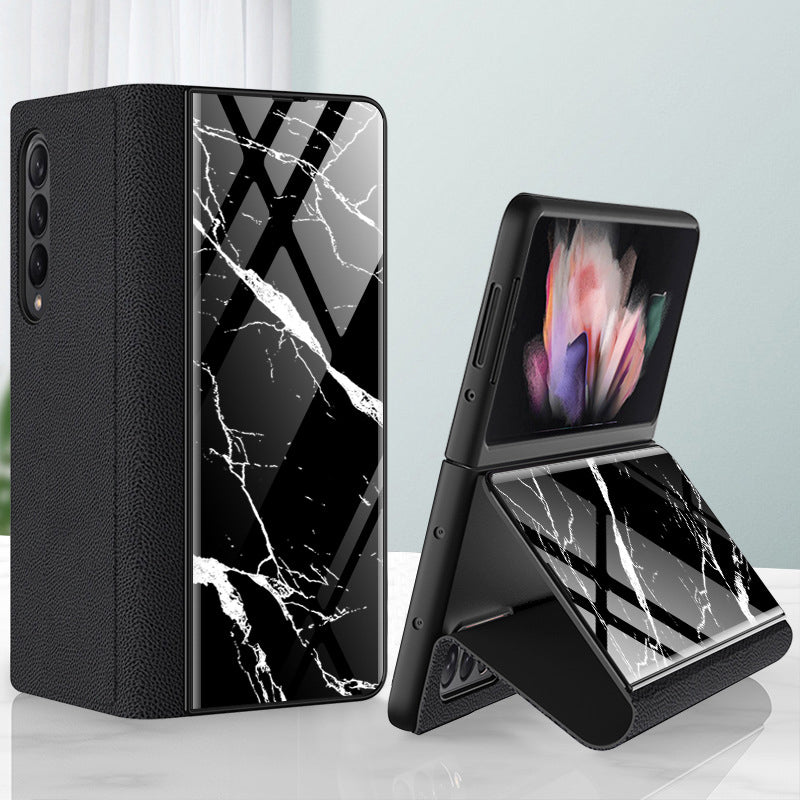 PU Leather + PC Phone Case Marble Pattern Tempered Glass Phone Protective Case for Samsung Galaxy Z Fold3 5G