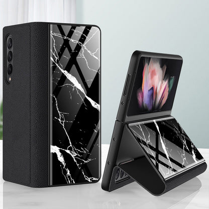 PU Leather + PC Phone Case Marble Pattern Tempered Glass Phone Protective Case for Samsung Galaxy Z Fold3 5G